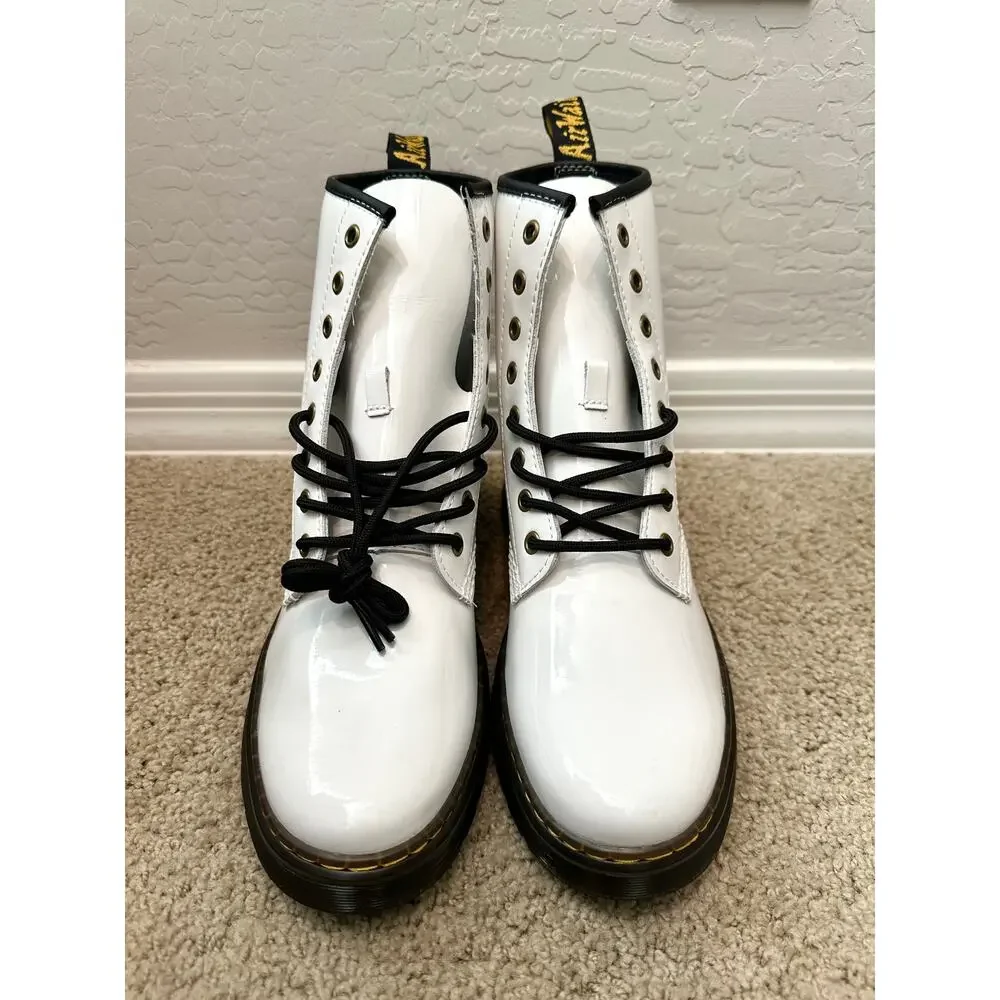 DR. MARTENS | Zavala White Patent Combat Boots Lace-Up Unisex | Size 10 11